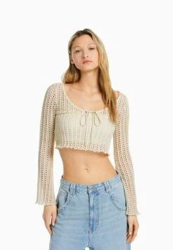 BershkaWITH LONG FLARED SLEEVES - Stickad Tröja - Beige