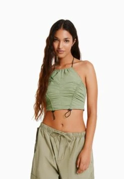 BershkaEFFECT HALTERNECK WITH STOPPERS - CROP - Blus - Khaki